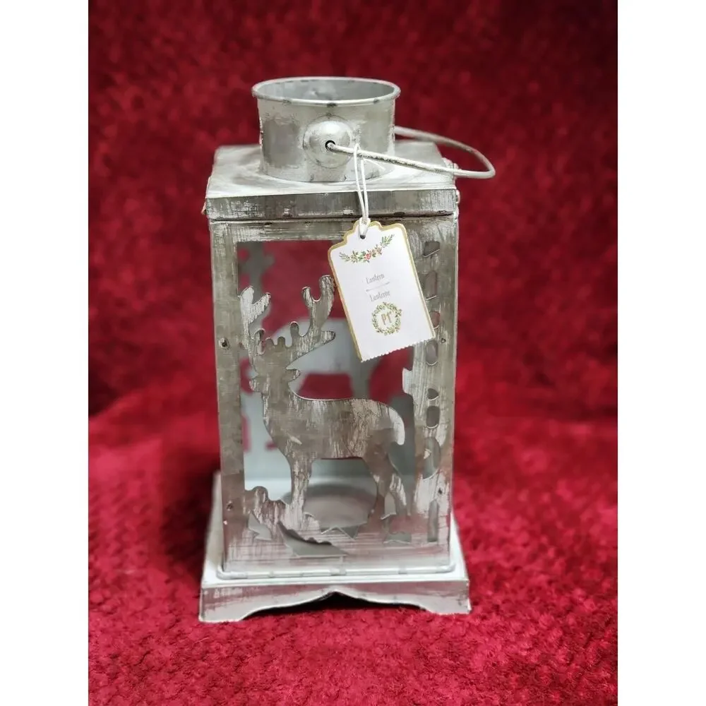 NWT FARMHOUSE REINDEER HOLIDAY LANTERN LAMP Tealight Holder Metal/Glass Pier 1